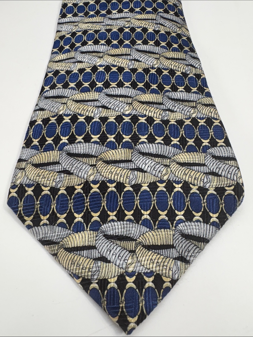 VINTAGE Evan Picone Navy, Cream & Gray Geometric Silk Tie